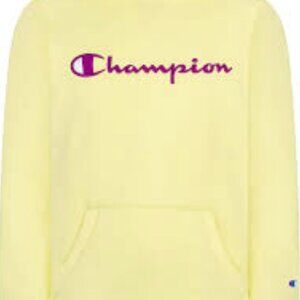 Champion Yellow Hoodie with Purple Logo | Fleece Lined Sweatshirt | Kids Size L